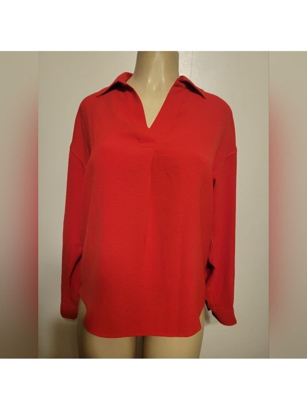 Rafellla Womens Red V-Neck Blouse Demure Work Business Causal